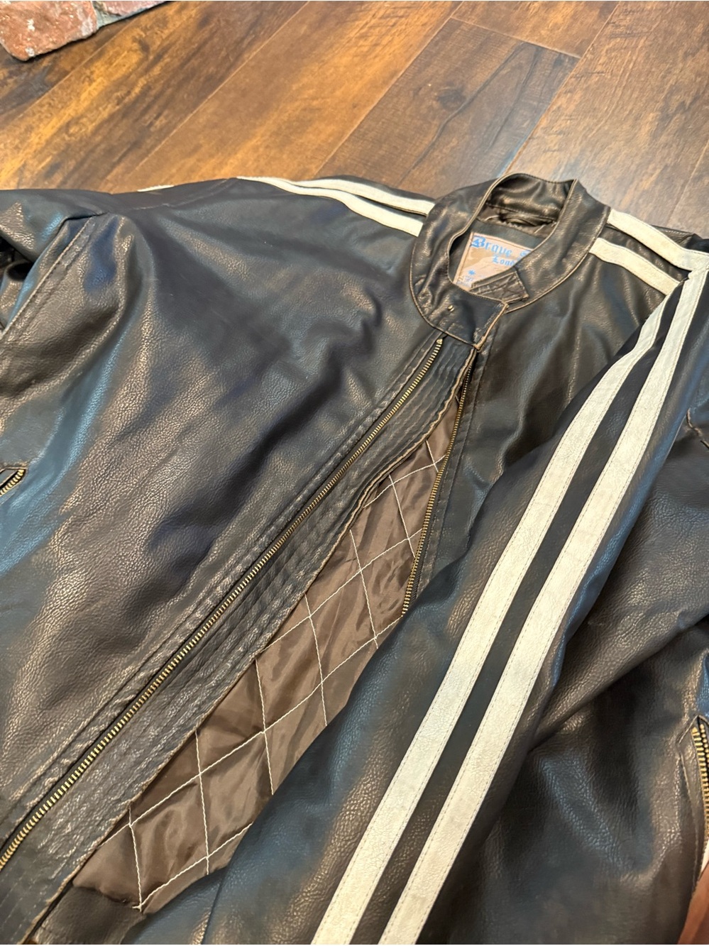 Brave Soul Black quilted inside Leather Bomber with White Stripes